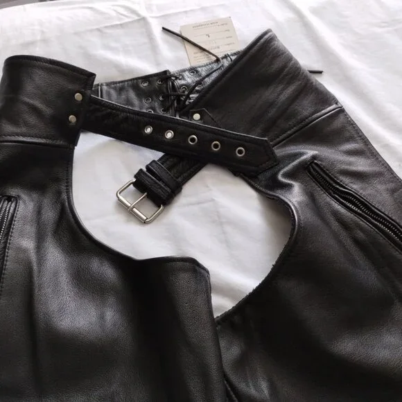 LEATHER KING Black Leather MOTORCYCLE CHAPS Size LARGE